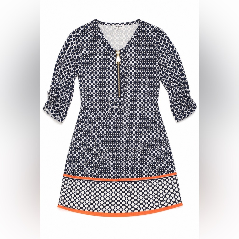 Tacera Navy Blue & Orange Geometric Shift Dress